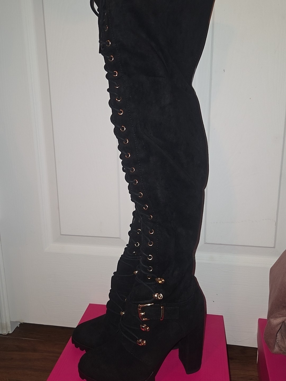 Shoe Dazzle Black Lace-Up Over-the-Knee Heeled Boots